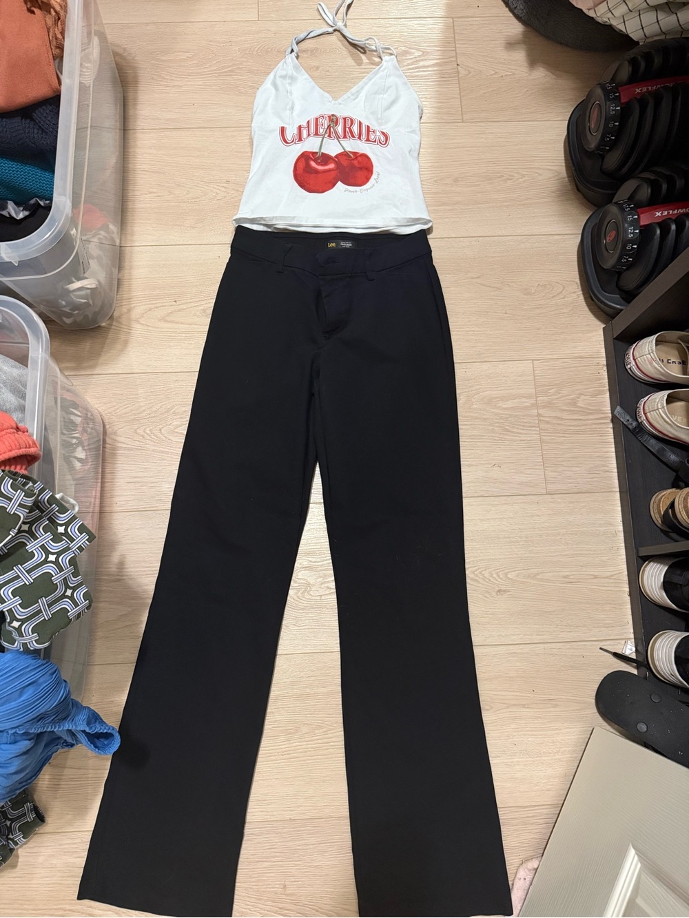 Lee White Halter Crop Top with Red Cherry Graphic and black pants